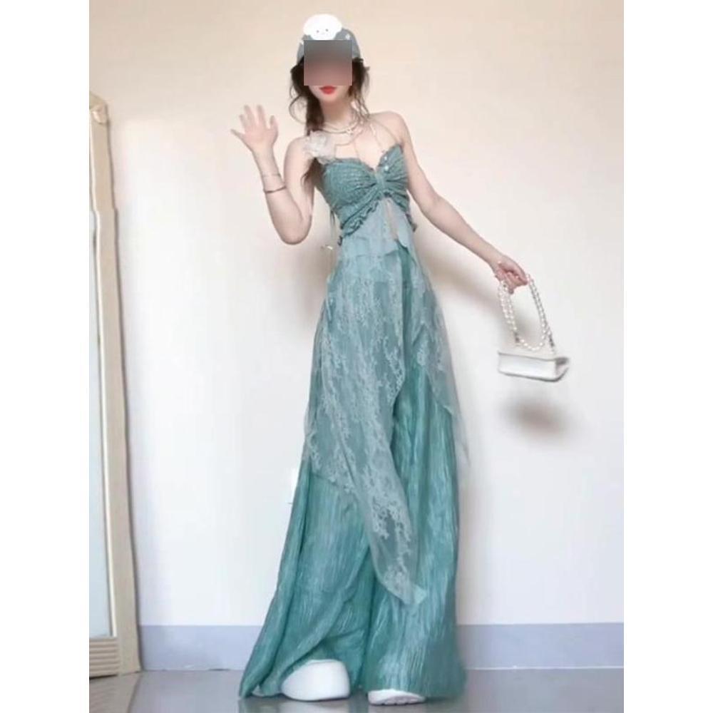 Sommerreisebekleidung schönes und schönes kleines Set, Strandurlaub Tencel Trägertop, Weitbeinige Hose zweiteiliges Set
