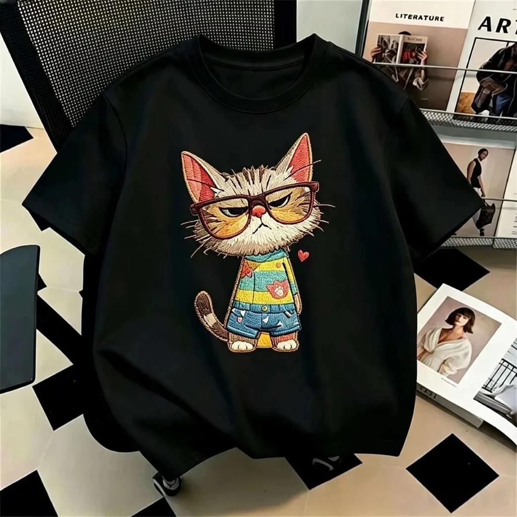 Cartoon Grumpy Cat With Glasses Graphic T Shirt Kids O-Neck Short Sleeve Tee Summer Casual Streetwear Fashion Top For Cat Lovers