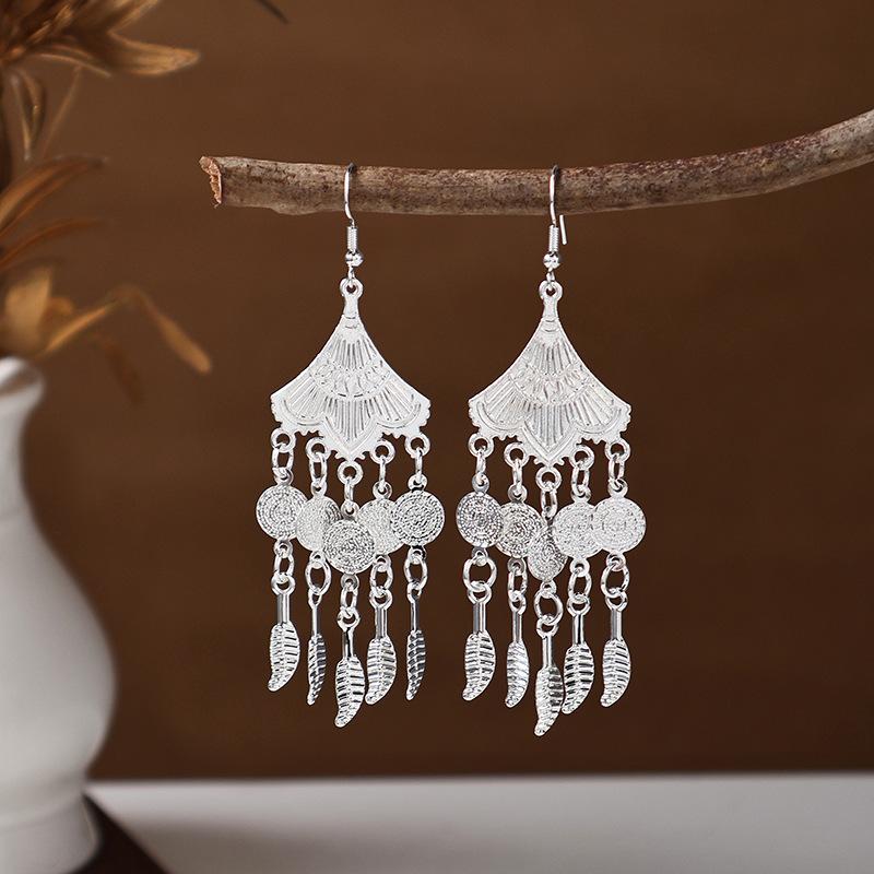 Ethnic Miao Silver Tassel Earrings - Retro Long Dangle Scenic Studs for Women
