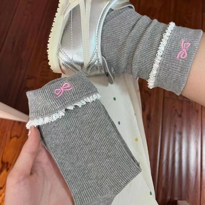 Simple All-Match Girly Cotton Socks Lace Bow Sweet Sock Casual Breathable Sweat-Wicking Mid-Tube Socks  Accessories Gifts