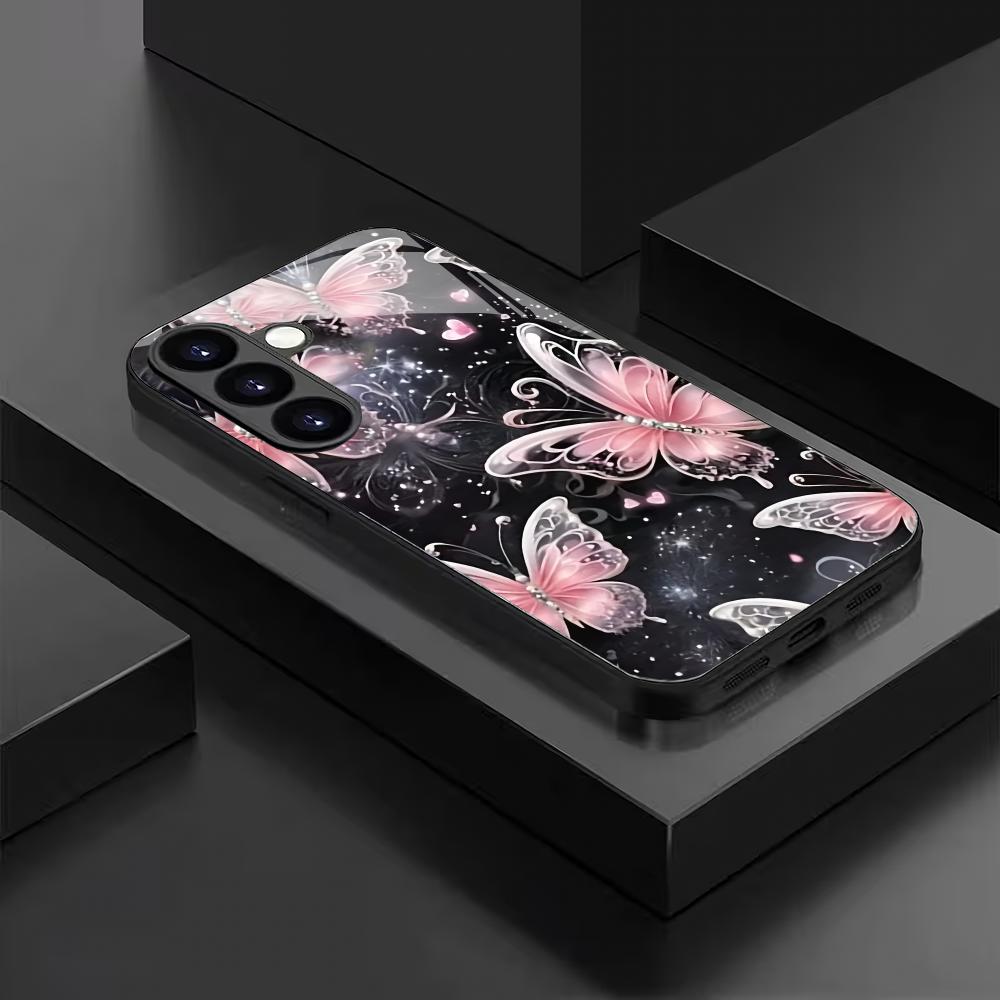 Pink butterfly tempered glass phone case suitable for Samsung Galaxy S26 S25 S24 S23 S22 S20 FE/Ultra/Plus anti drop back cover