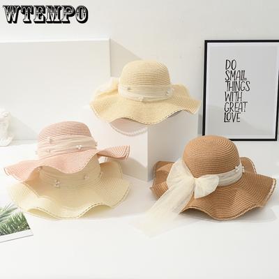 Cappello Estivo a Tesa Larga Intrecciato Cappello di Paglia Intrecciato con Fiocco in Rete di Perle da Donna Cappello Parasole da Esterno