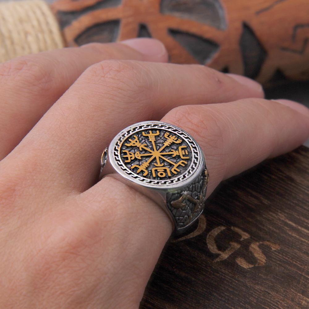 Viking Axe Ring Stainless Steel Odins Rune Signet Celtic Knot Biker Jewelry for Men with Wooden Box Gift