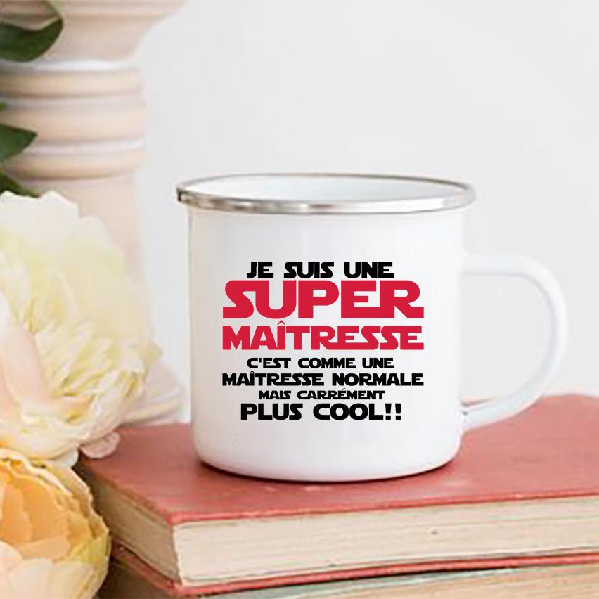 Creative Merci Maîtresse Print Mugs Coffee Cups Drinks Water Milk Cup Enamel Mug School Home Handle Drinkware Gift for Maîtresse