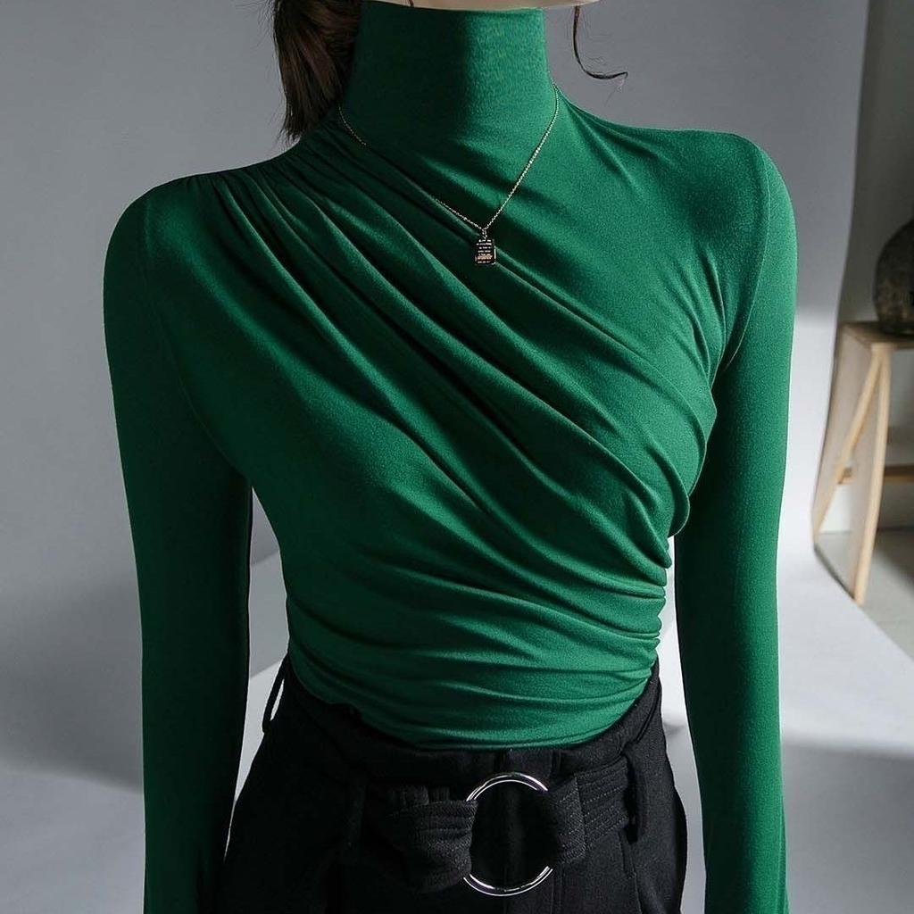Pleated Half Turtleneck Bottoming Shirt for Women Tshirts Long Sleeve Slim Tops