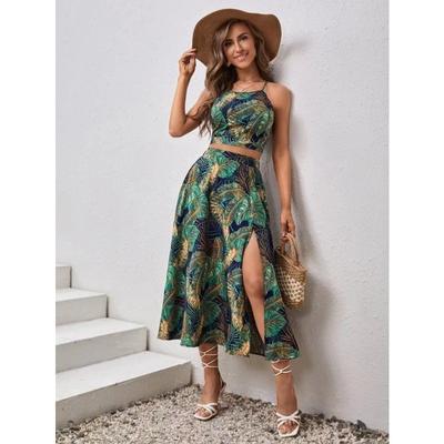 Women's Summer Suspender Printed Casual Half-body Skirt Two Piece Set