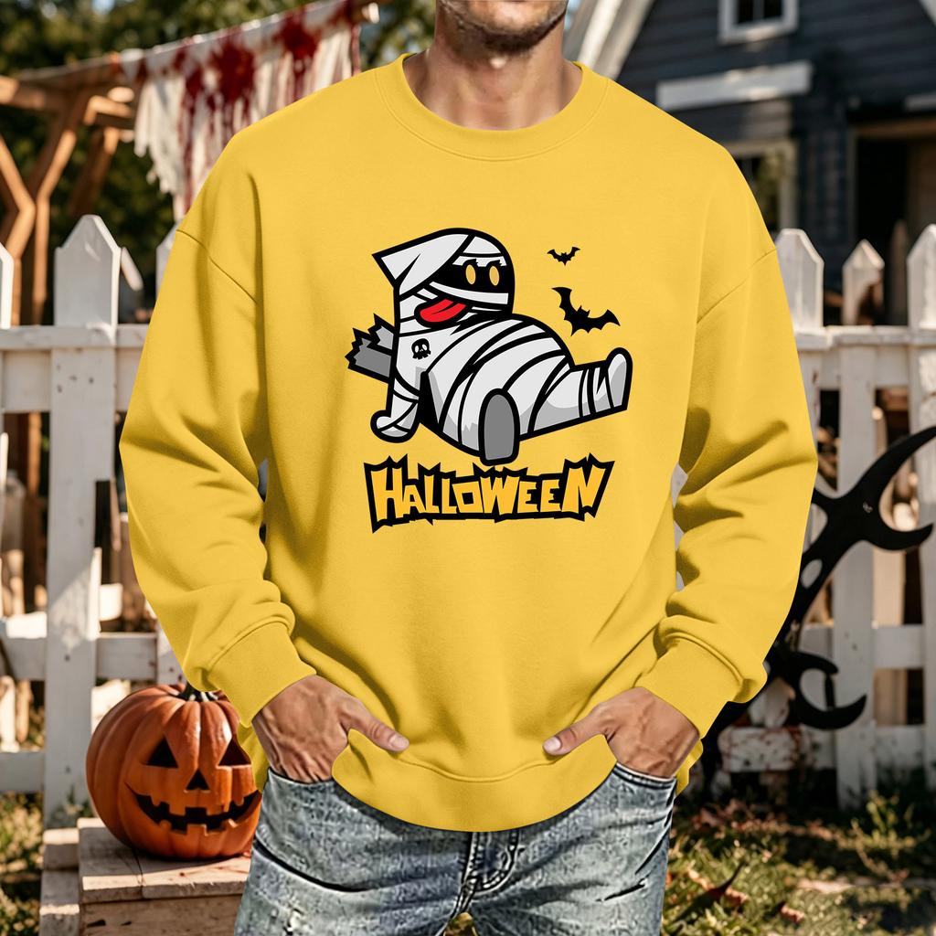 Men's Halloween Printed Long Sleeve T-Shirt Unisex Crewneck Casual Sports Top