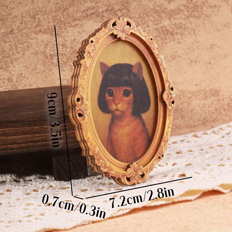 1Pc Mini Oval Retro Wooden Photo Frame Fridge Magnet Funny Cat & Haircut Modern Kitchen Decor Durable Refrigerator Ornament