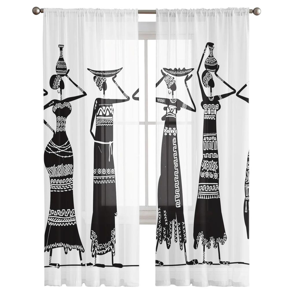 African Woman Ethnic Porcelain Sheer Curtain For Bedroom Tulle Voile Curtain For Kitchen Living Room Decor Window Treatment