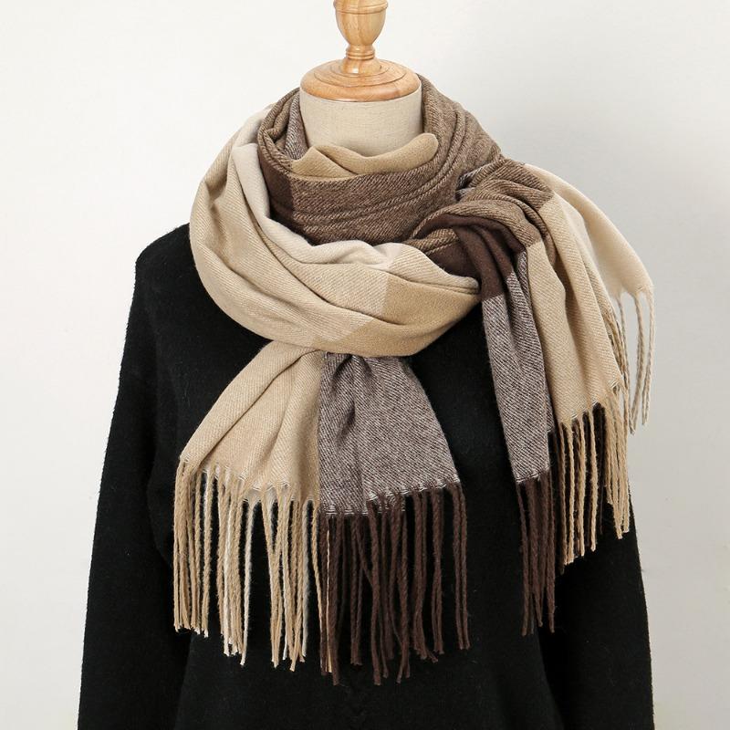 Contrasting color plaid imitation cashmere versatile scarf autumn and winter women's atmosphere fringed warm shawl scarf