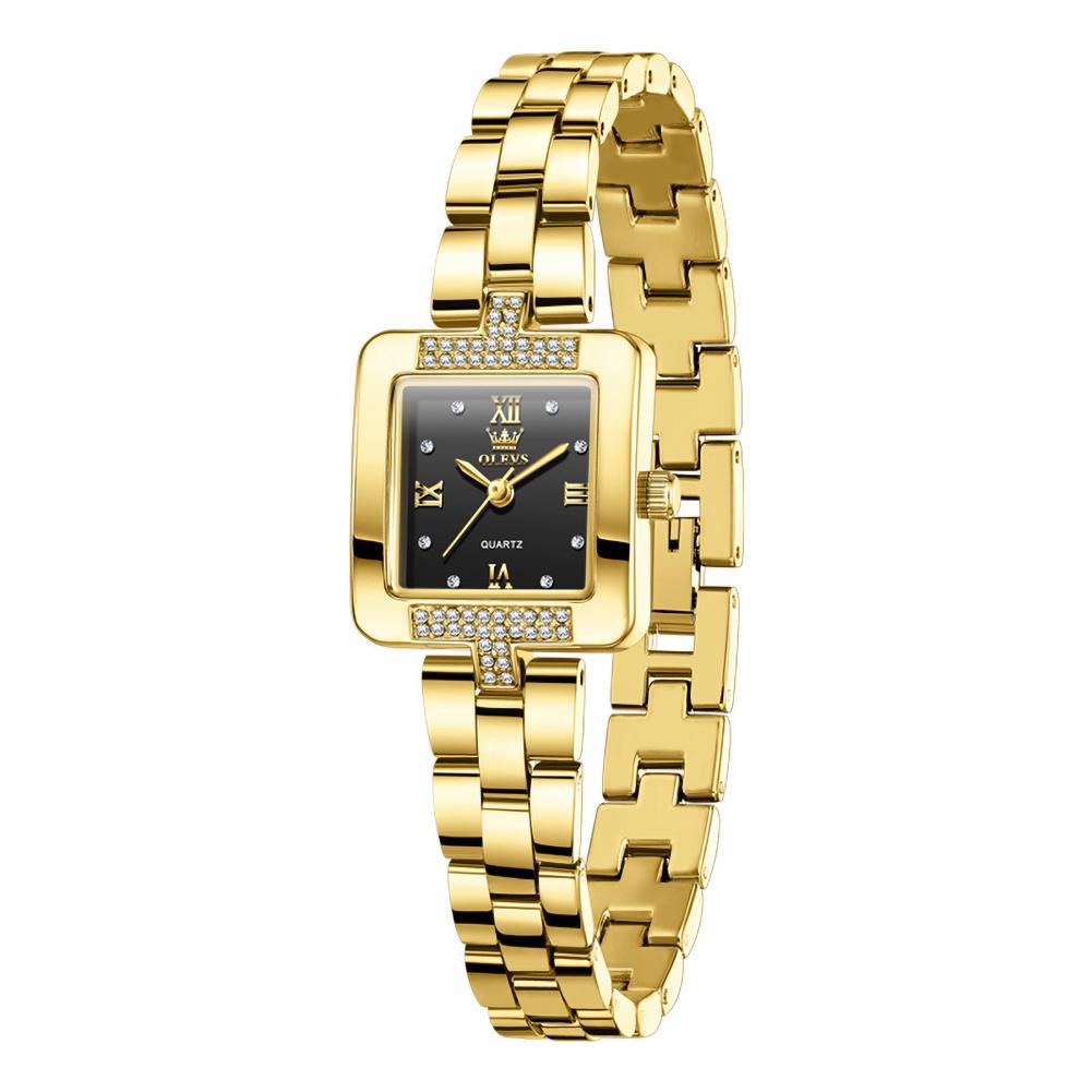 OLEVS Elegante Damen-Quarzuhr Goldenes Quadratisches Gehäuse Strassstein Diamantbesetztes Metallarmband Wasserdichte Armbanduhr Geburtstagsgeschenk