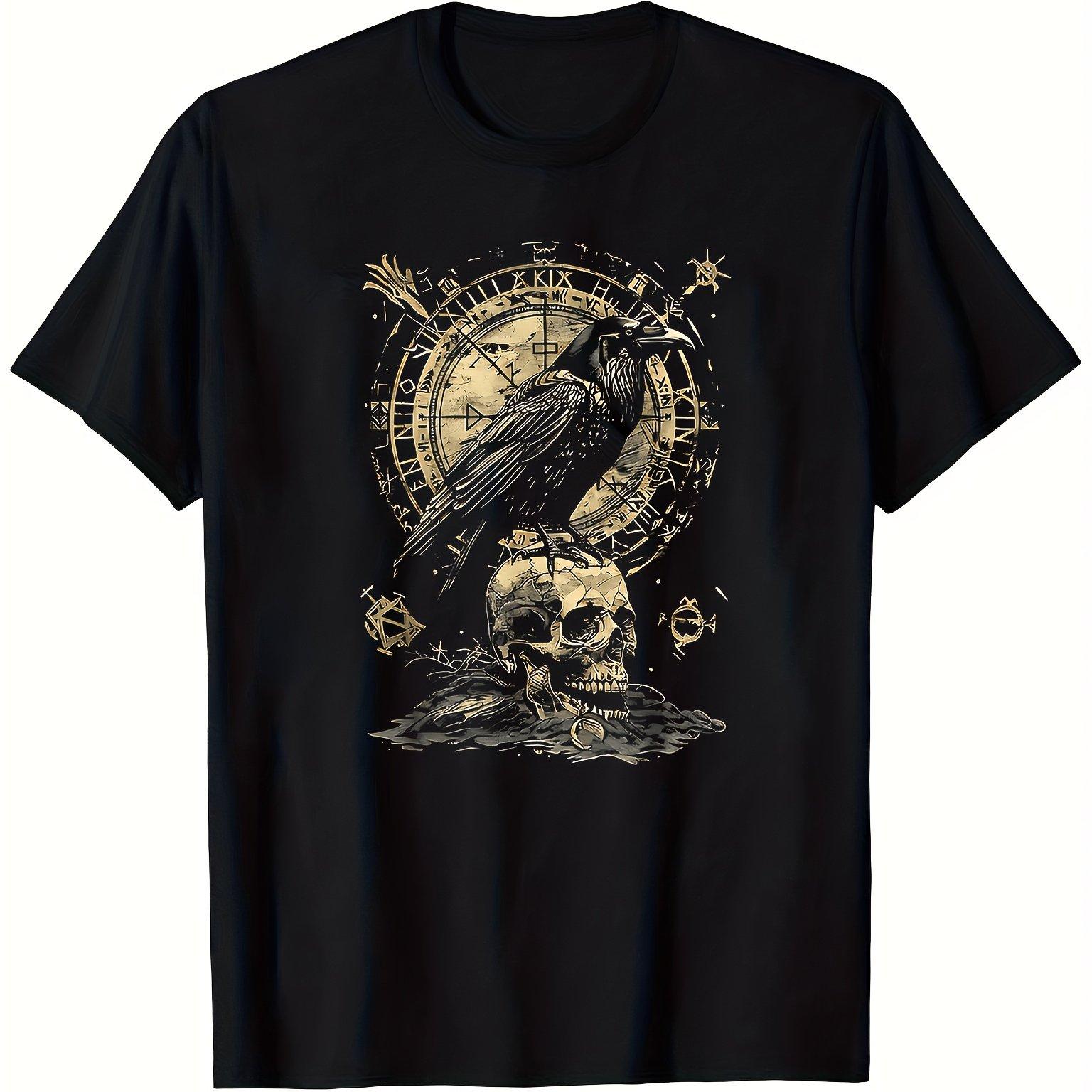 UnisexS and WomenS Viking Raven Skull Gothic Steampunk TShirt Norse Viking Raven and Rune Stone Design Casual Fit Short Sleeve S