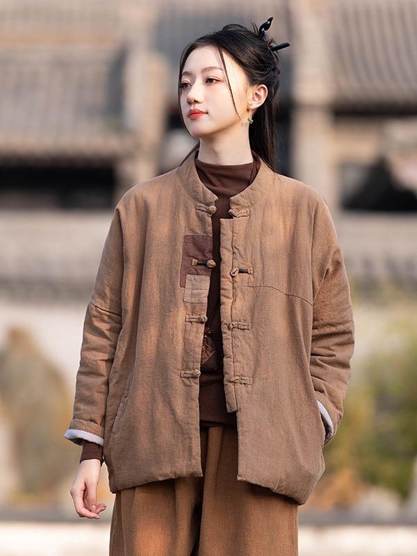 Women's Retro Patchwork Quilted Cotton Jacket with Cross-Lapel and Frog Button