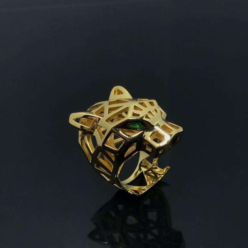 Kajia V Gold Green-Eyed Leopard Ring - Exaggerated 3D Unisex Index Finger Statement Piece