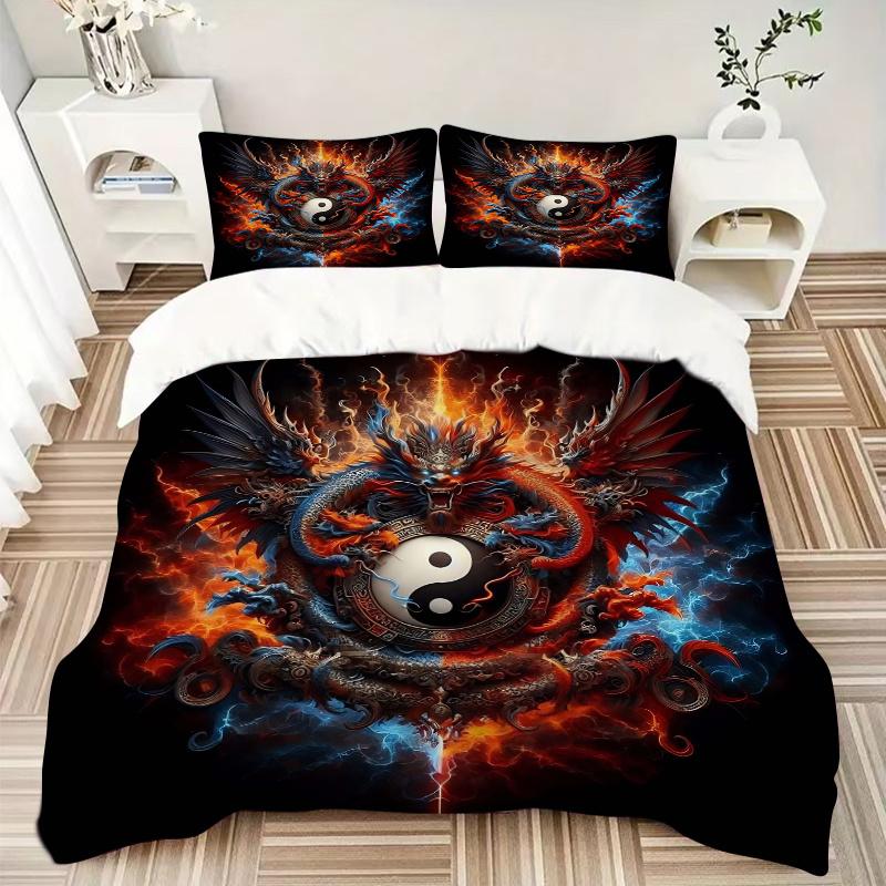 3pcs Flaming Dragon Yin Yang Bedding Set - 1 Soft Quilt Cover + 2 Pillowcases, Machine Washable - Suitable