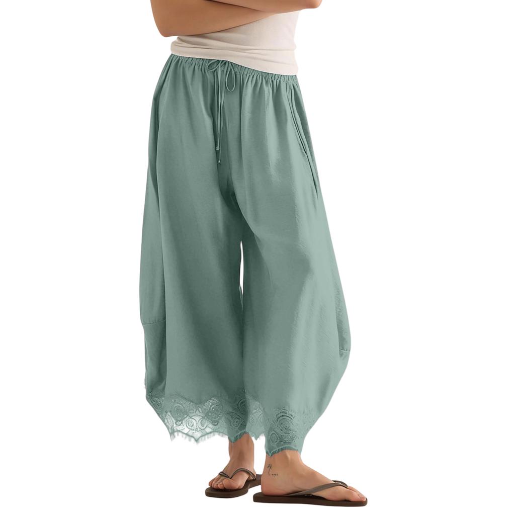 Women's Casual Wide Leg Pants Elastic Waistband Drawstring Bottom Hem Lace Trim Palazzo Trousers for Everyday Wear