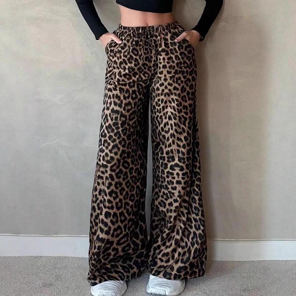 Leopard Print Elastic Waist Casual Loose Straight Pants for Spring and Autumn