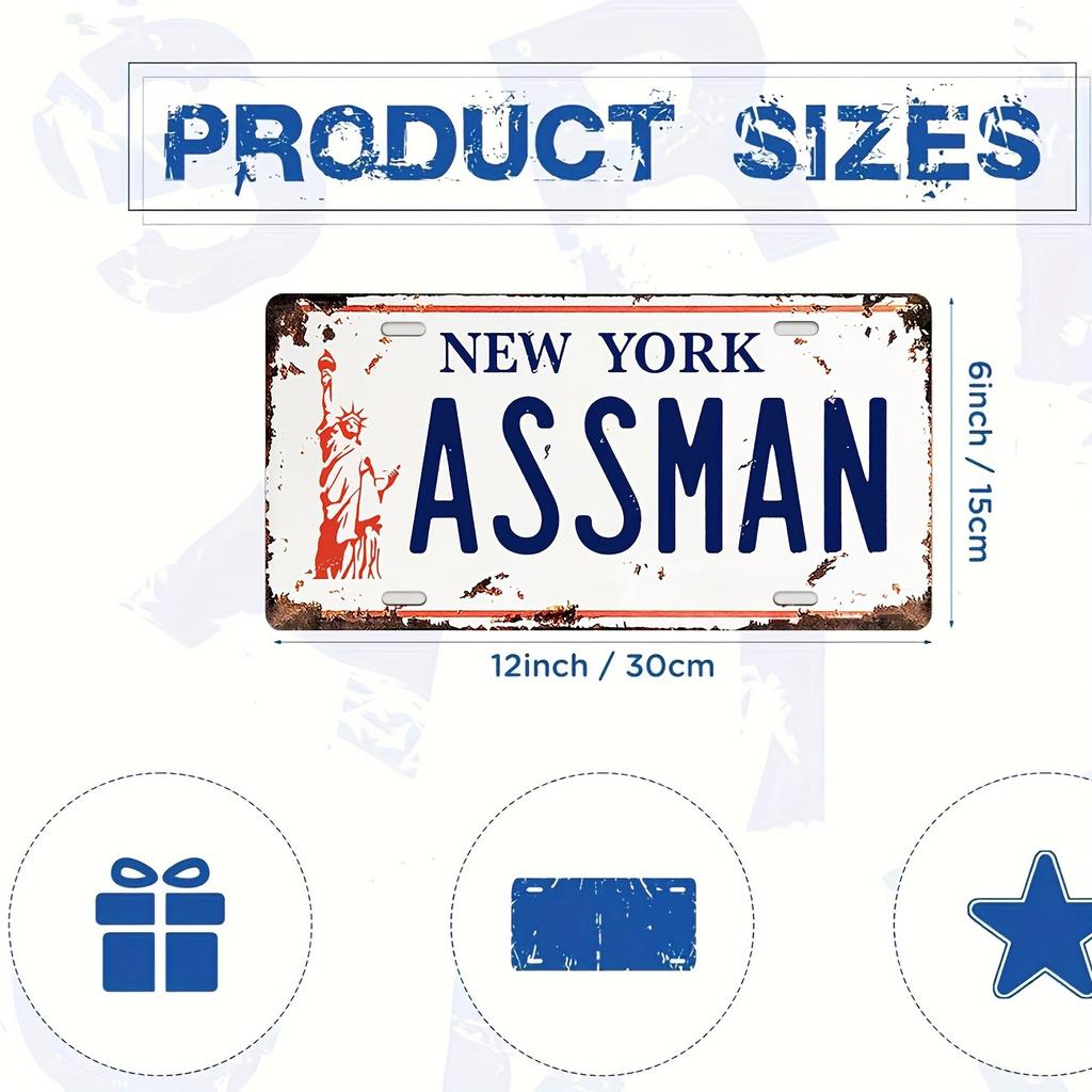 Embossed Vintage Prop Number Tag, Assman, Vanity License Plate, Seinfeld | Cosmo Kramer,  - Iron Material, Entryway, Boat, Room,
