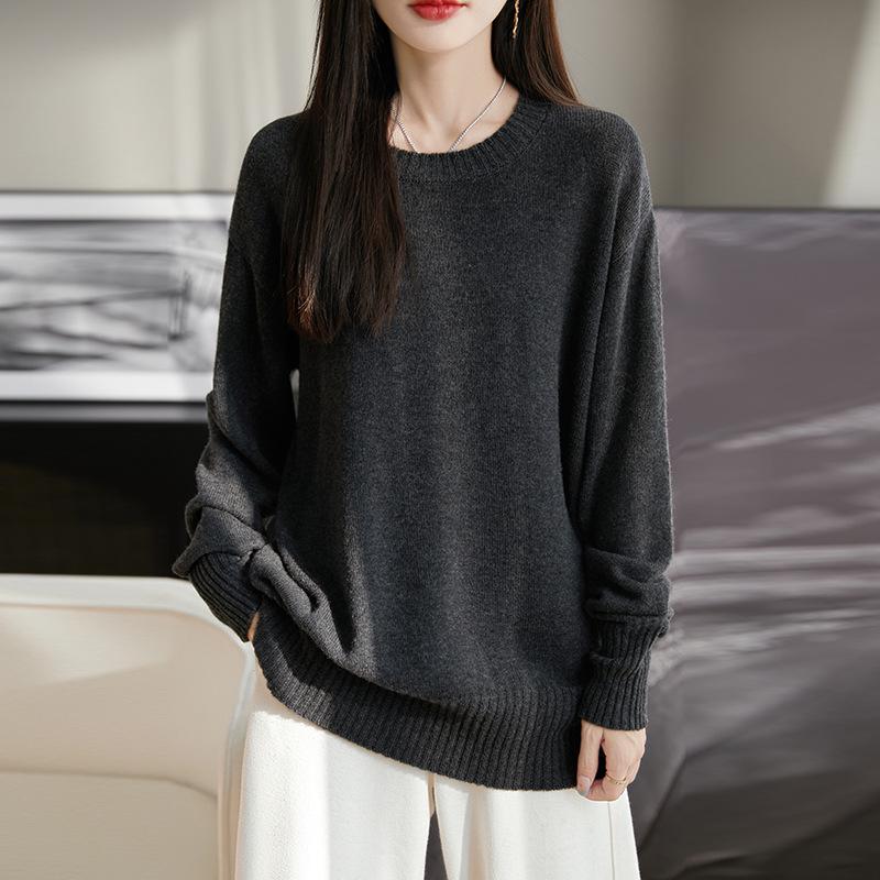 Women's 2024 Loose Fit Pure Wool Round Neck Sweater for Autumn/Winter