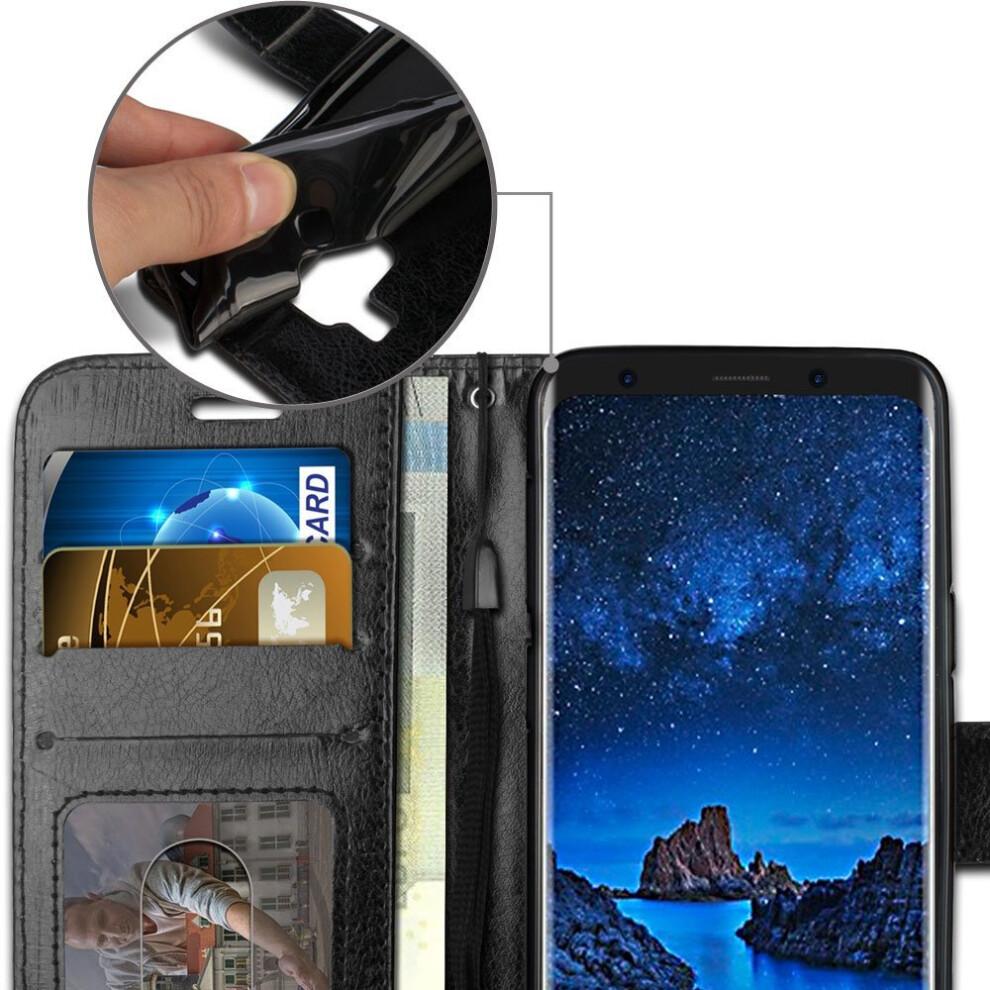 Galaxy S9 Case - Leather Wallet Flip Protective Case Cover with Card Slots, Kickstand and Wrist Strap - Black PU Leather Compatible