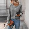 Women's Fashionable V-neck Long Sleeved  Knitted Casual Loose T-shirt Top