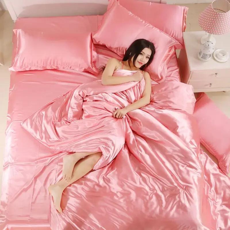 Nordisches Satinseiden-Bettwäscheset mit Bettbezug, Bettlaken, Kissenbezügen, Luxus, Uni, Einzelbett, Doppelbett, Paar, Kissenbezug, Bettlaken