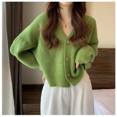 Women's 2026 V-Neck Korean Style Autumn Knit Cardigan, Loose Fit, Long Sleeve Sweater Jacket.