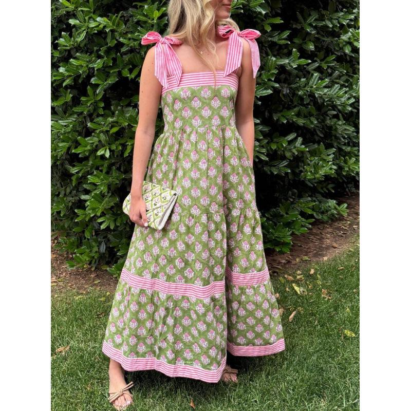 2026 summer new bohemian floral lace-up square neck ruffle beach dress S зелёный