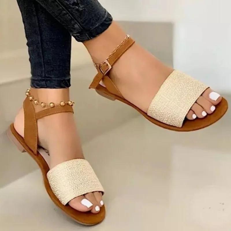 Fashion Shoes Female 2025 Hot Sale Buckle Strap Women's Sandals Fashion Solid Casual Sandals Women New Peep Toe Flat Sandals zapatos