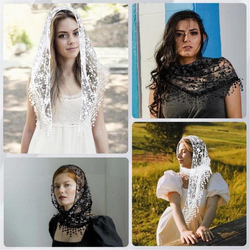 Latin Veils Head Scarf for Church Attendance Mantilla Veils Lace Head Covering Flower Veils for Travel and Worship Service