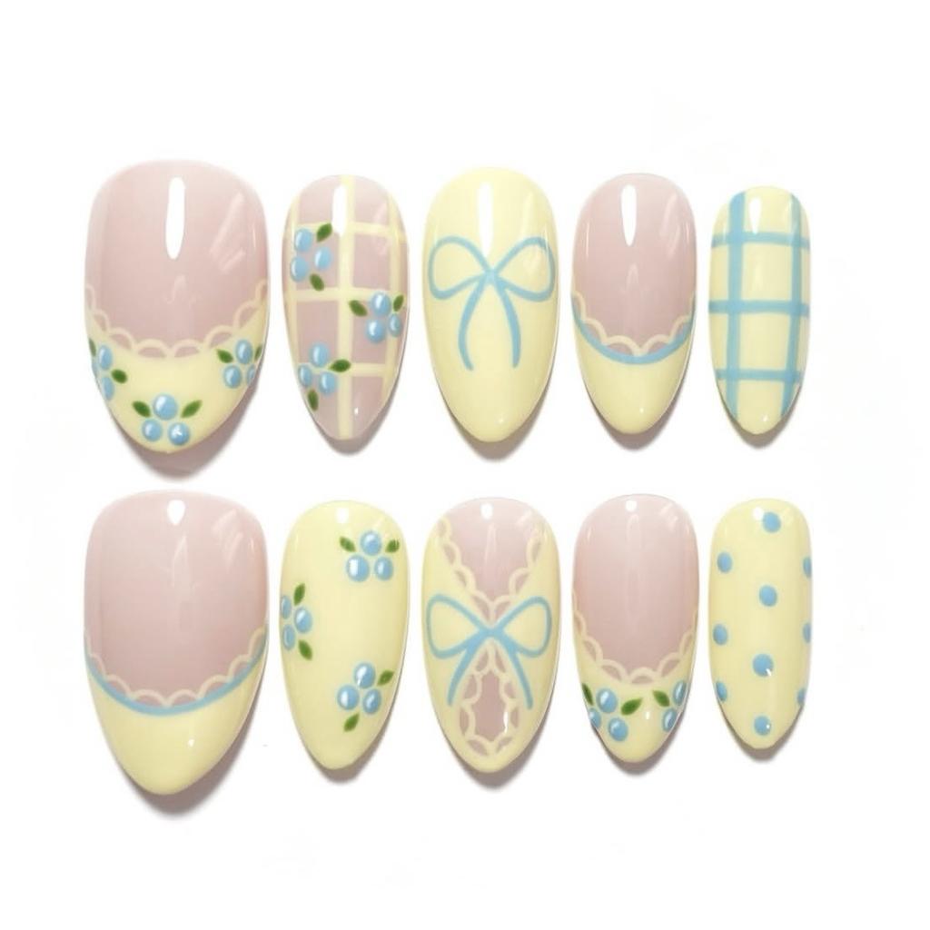 24PCS Vintage Green Plaid Almond Press On Nails Cute Fruit Bow Sweet Strawberry French Fake Nails for Women Girls Ins Nails Tips