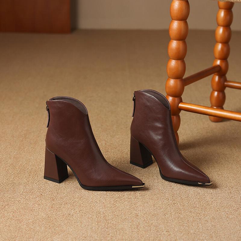 Design Metal Pointed Toe Women Ankle Boot Fashion Thick Heels Shoes  Spring Ladies Short Booties