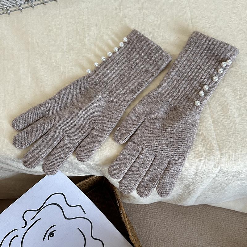 Korean Style Autumn/Winter Pearl Fingerless Touchscreen Wool Gloves for Women