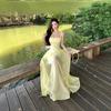 French Halter Sexy Yellow Suspender Dress Summer New Suspender Dress Waist Long Dress Vacation Skirt