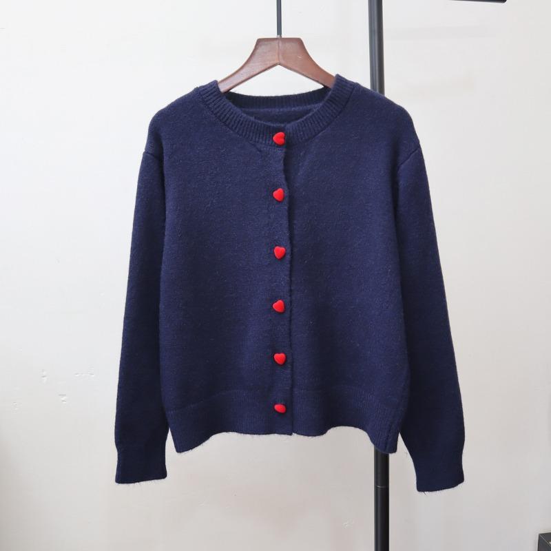 Autumn and Winter New Love Buckle Knitted Cardigan Round Neck Lazy Style Temperament Soft Waxy Sweater Jacket Women
