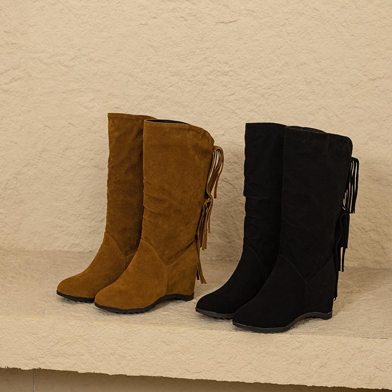 Mid Calf Fringe Boots Women with Hidden Heel 2025 Flock Height Increasing Shoes for Wide Calf Size 33-44
