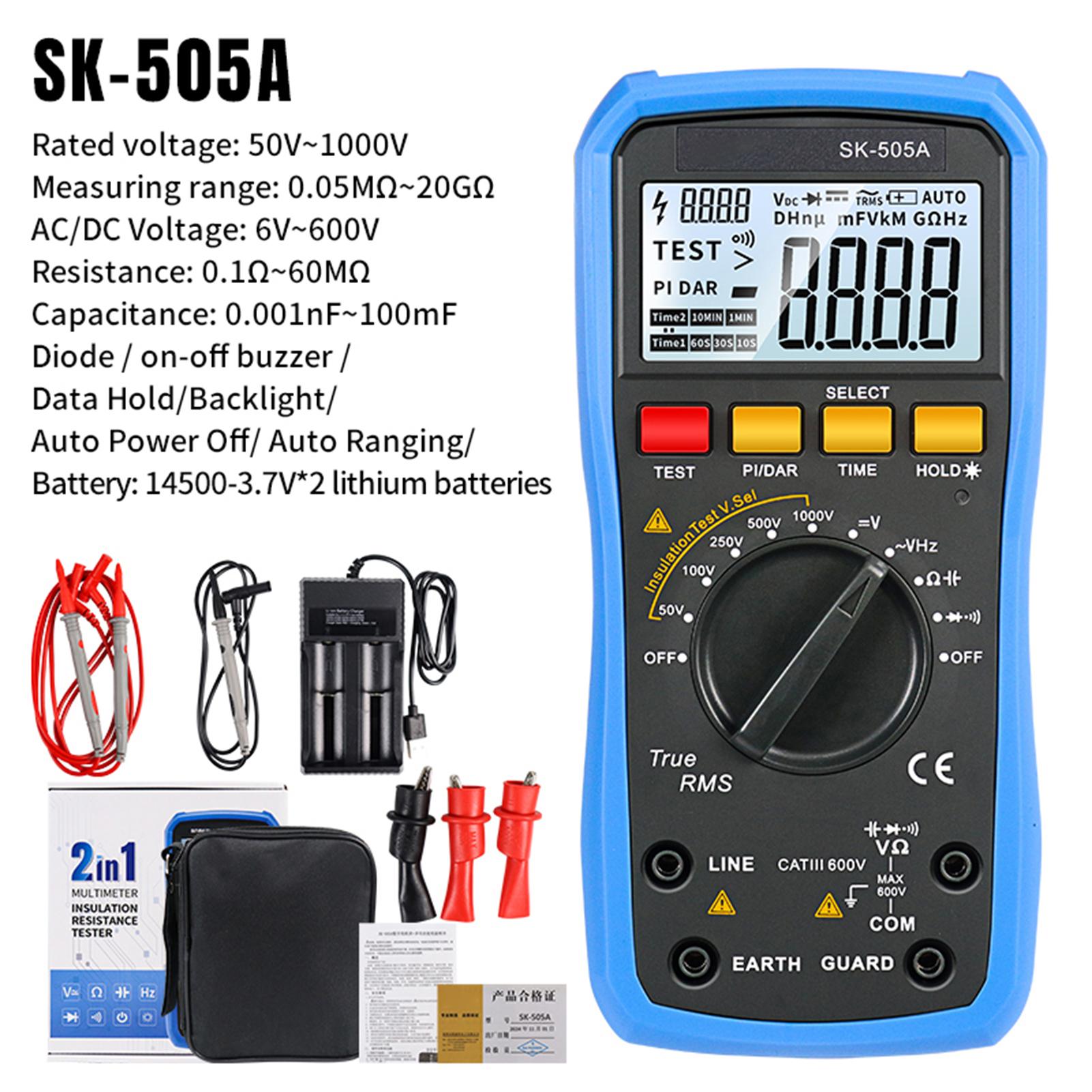 

SK 505A Мегомметр Тестер ізоляції та Цифровий мультиметр 2в1 Портативний Автовимірювання Напруга AC DC Ємність