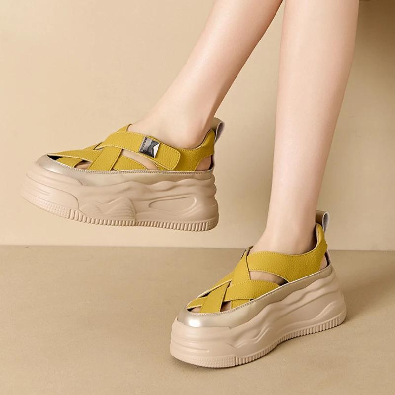 7cm Flat Women Slippers Pumps Platform Wedge Hook Cow Weave Genuine Synthetic Leather Sandals  Summer Hollow Fashion Shoe