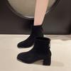 2025 Autumn and Winter New British Style Suede Short Thin Boots French Rear Zipper Square Head Thick Heel Short Boots Women