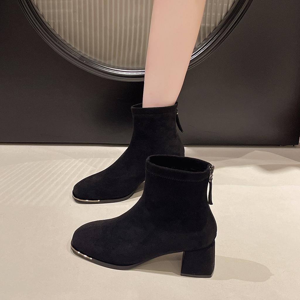 2025 Autumn and Winter New British Style Suede Short Thin Boots French Rear Zipper Square Head Thick Heel Short Boots Women