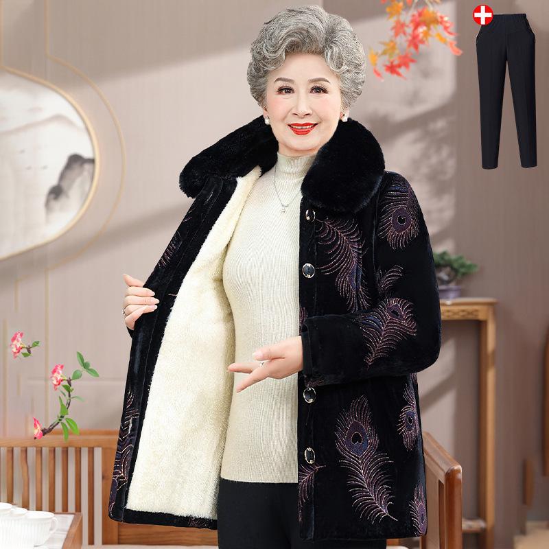 Women's Winter Warm Mid-Length Cotton Jacket for Middle-Aged and Elderly with Thick Velvet Lining
