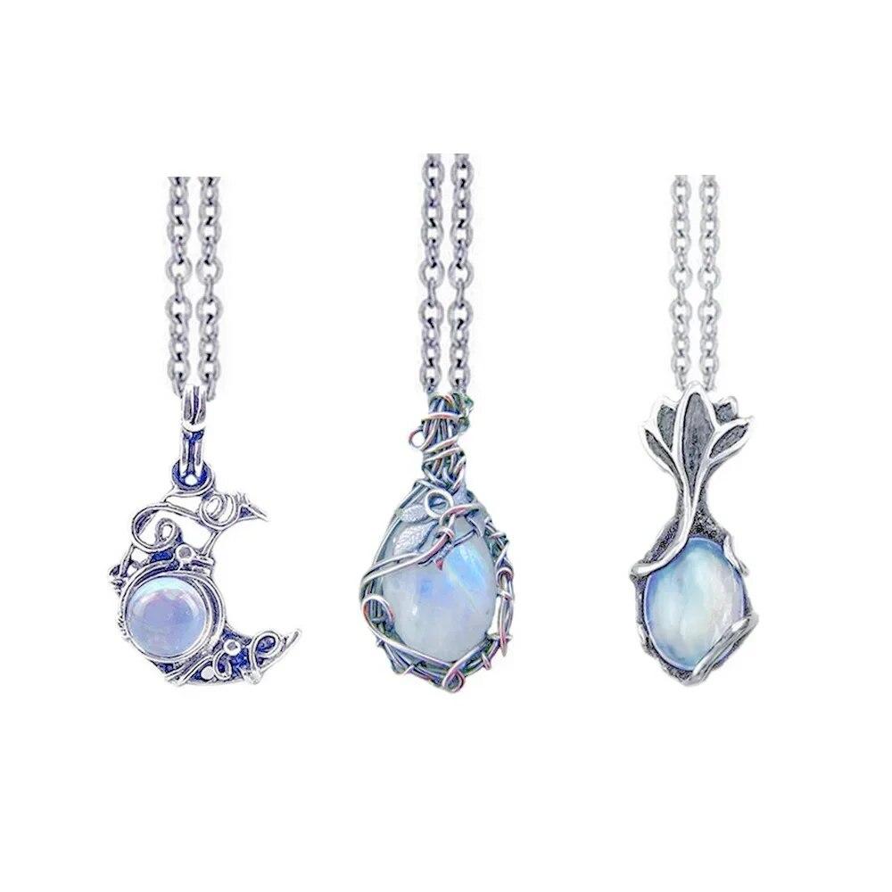 Antique Teardrop Artificial Moonstone Pendant Gems Cabochon Leaf Rattan Vintage Boho WaterDrop Necklace for Women Lady Girls