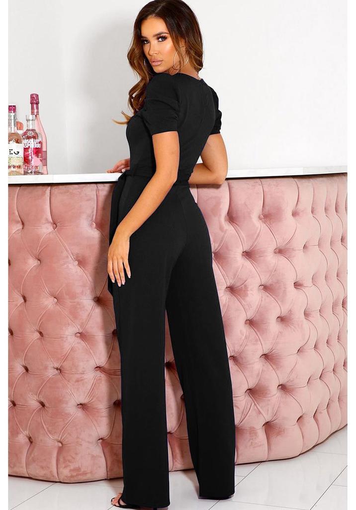 2024 Sommer Damen Eleganter Jumpsuit mit Bindegürtel und V-Ausschnitt, Kurzarm, Weiter Bein