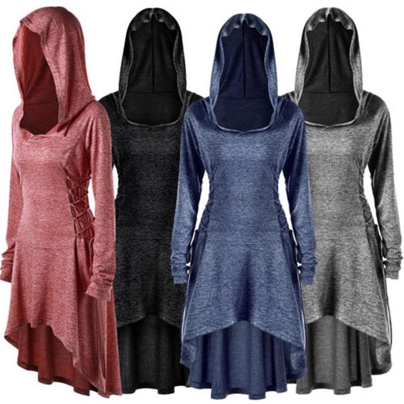 Stylish Punk Women's Plus Size Lace Up Dip Hem Tunic Hoodie Long Sweatershirts Dress Top For Every Occasion