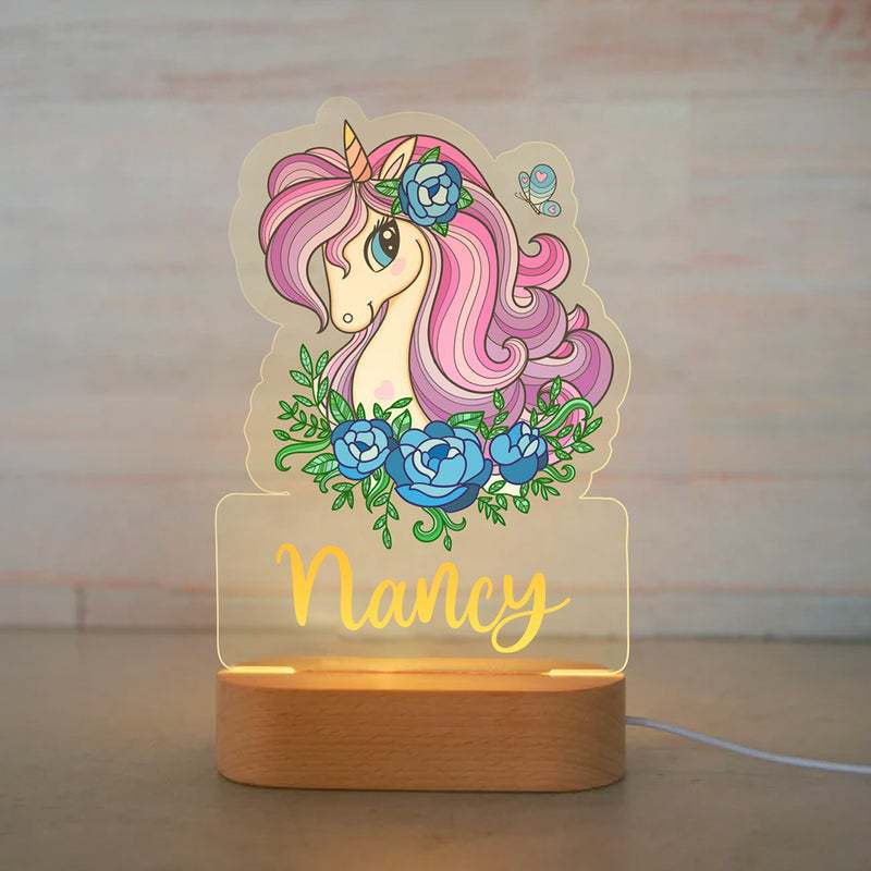 Personalized Rainbow Unicorn LED USB 7 Colors Night Light Custom Name Acrylic Lamp Wood Base For Baby Kid Children Bedroom Decor