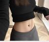 Women's Black V-neck Long-sleeve Slim-fit Thermal T-shirt with Velvet for Autumn/Winter