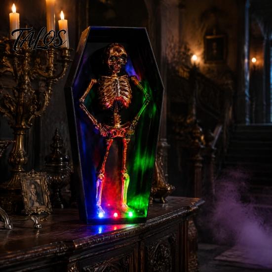 Desktop Halloween Decoration Dancing Skeleton In Casket, Light Up Musical Toy with Automatic LED Lights, Spooky Animated Decor, Party Haunted