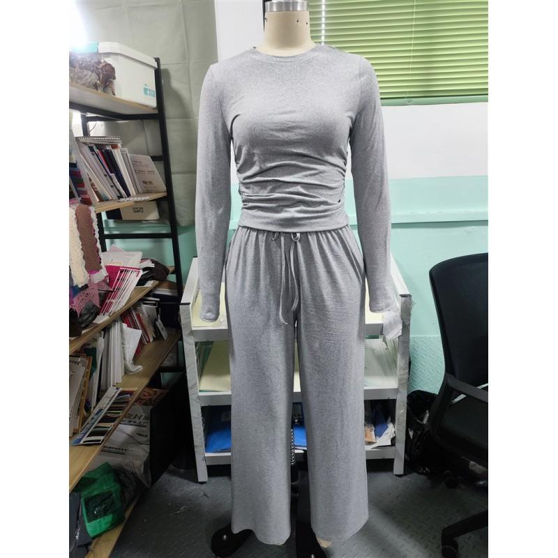 Womens 2-Piece Casual Set Long Sleeve Top Wide Leg Pants Solid Color Daily Wear