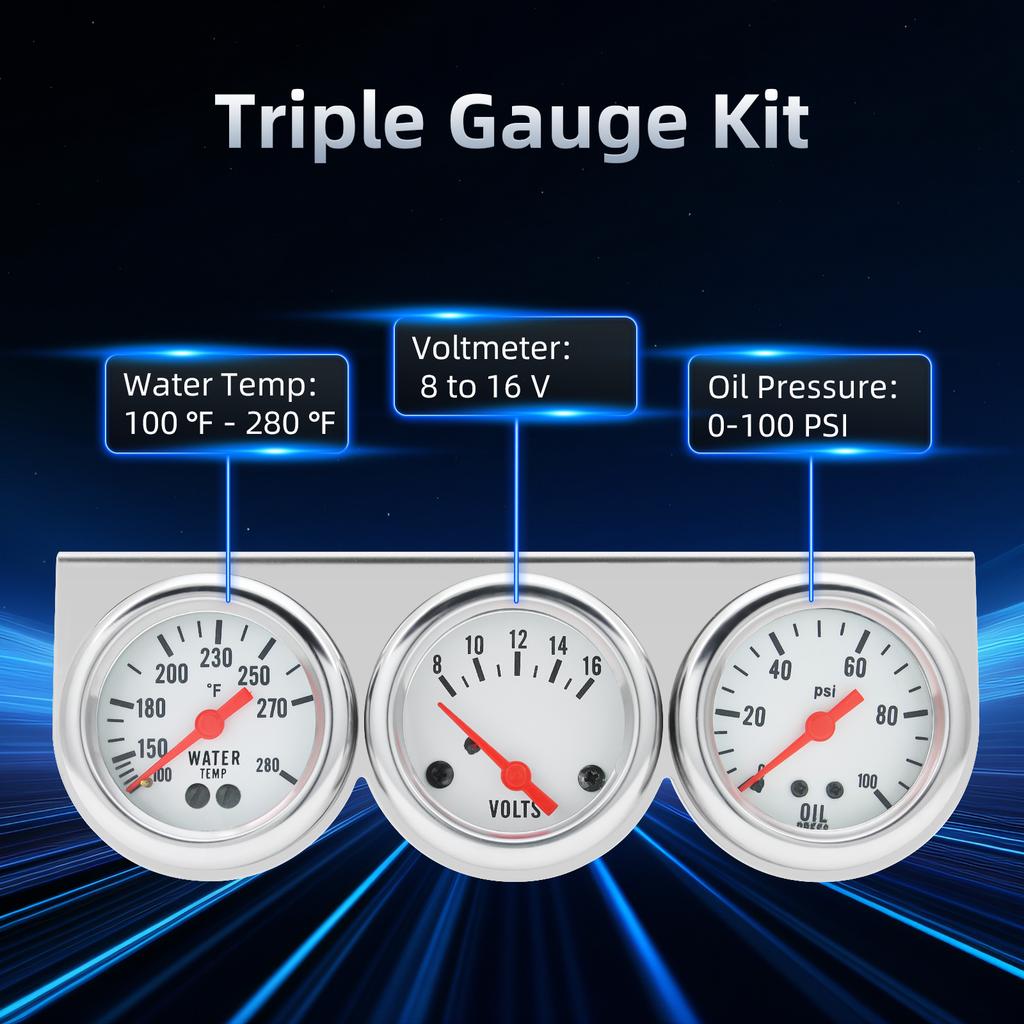 3-in-1 Auto-Anzeigegerät Wassertemperatur + Spannung + Öldruckanzeige mit LED-Licht für Auto, Marine, LKW, Traktor Dreifach-Anzeigegerät-Set
