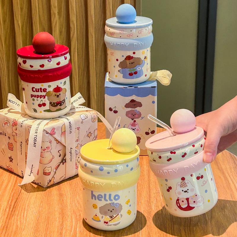 Graduation Gift for Boys and Girls, High-value Mug, Cute Puppy Straw Cup, Children's Practical Souvenir Gift Box